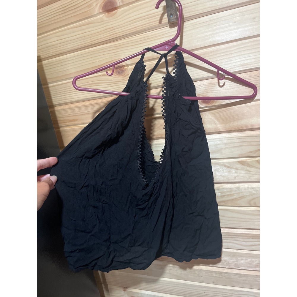 Cupshe Black Halter Neck Pom Pom Trim Crinkle Viscose Boho Tank Top NEW